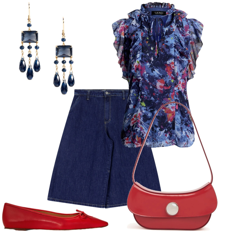 Outfit donna - Qualcosa di rosso. Stile Bon Ton per Tutti i giorni. Abbinamento con bermuda, top, ballerine, orecchini, borse a spalla.
