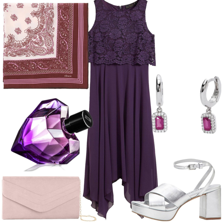 Outfit donna - Total look #2201346. Stile Casual chic per Serata fuori. Abbinamento con vestiti midi/longuette, pochette, sandali col tacco, profumi, orecchini, foulard.