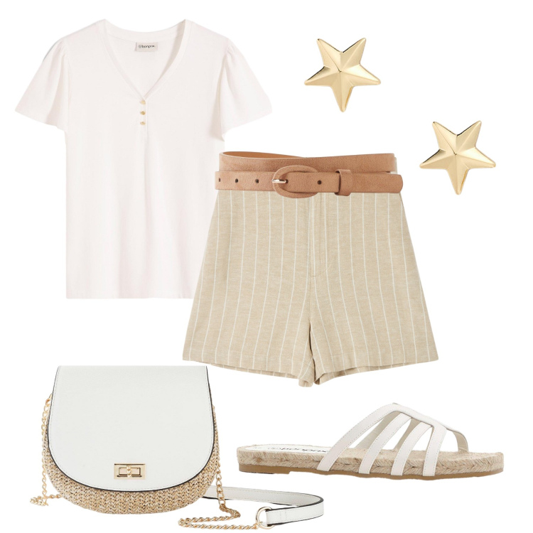 Outfit donna - Città basica con stile. Stile Basic per Tutti i giorni. Abbinamento con t-shirt, borse a tracolla, cinture, ciabatte, bermuda, orecchini.