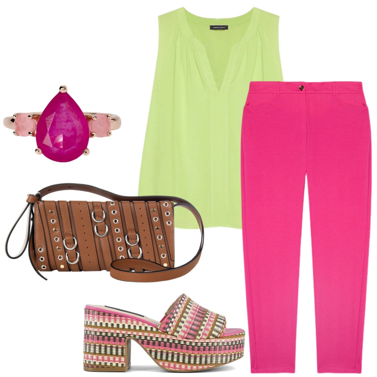 Outfit donna - Un\'estate a colori. Stile Casual chic per Tutti i giorni. Abbinamento con anelli, borse a spalla, pantaloni chino, zeppe, top.