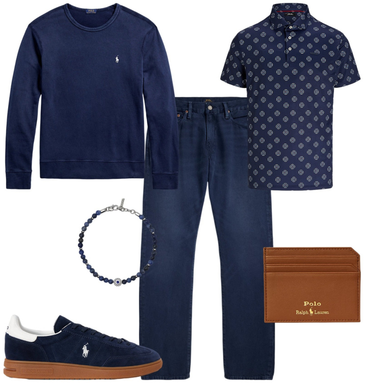 Outfit uomo - Total look #2201350. Stile Trendy per Serata speciale. Abbinamento con braccialetti, portafogli, sneakers, felpe, jeans dritti, polo.