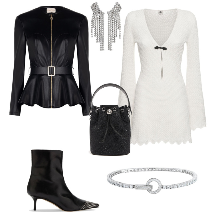 Outfit donna - Total look #2201359. Stile Glamour per Serata fuori. Abbinamento con braccialetti, giacche, vestiti, borse a secchiello, orecchini, stivali.