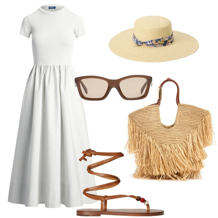 Outfit donna - L’abito fresco per l’estate. Stile Trendy per Tutti i giorni. Abbinamento con vestiti, sandali gioiello, cappelli, occhiali da sole, borse tote.
