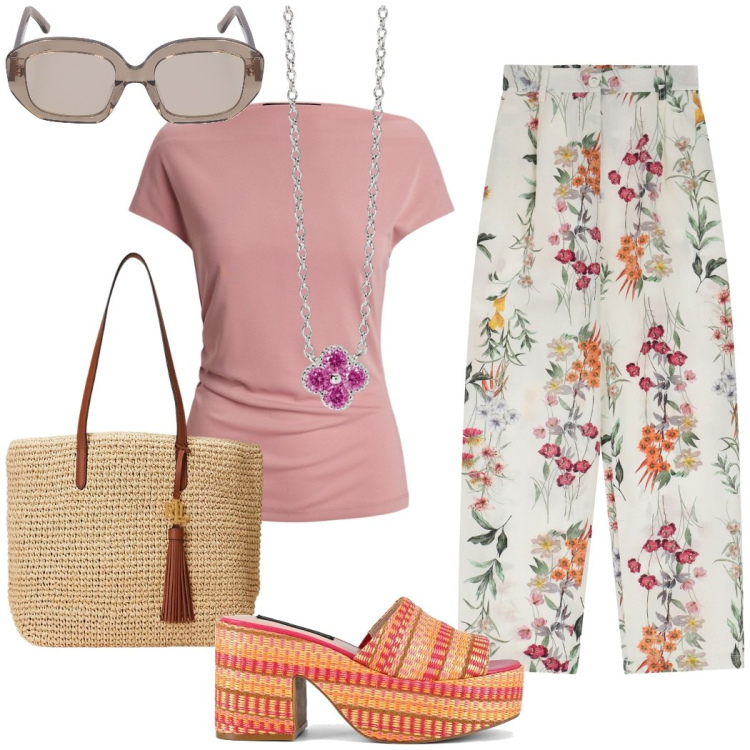 Outfit donna - Summer vibes. Stile Casual chic per Tutti i giorni. Abbinamento con collane, pantaloni, borse tote, maglieria, zeppe, occhiali da sole.
