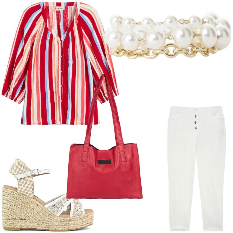 Outfit donna - Allegria in ufficio. Stile Chic per Ufficio. Abbinamento con bluse, shopping bag, braccialetti, pantaloni, zeppe.