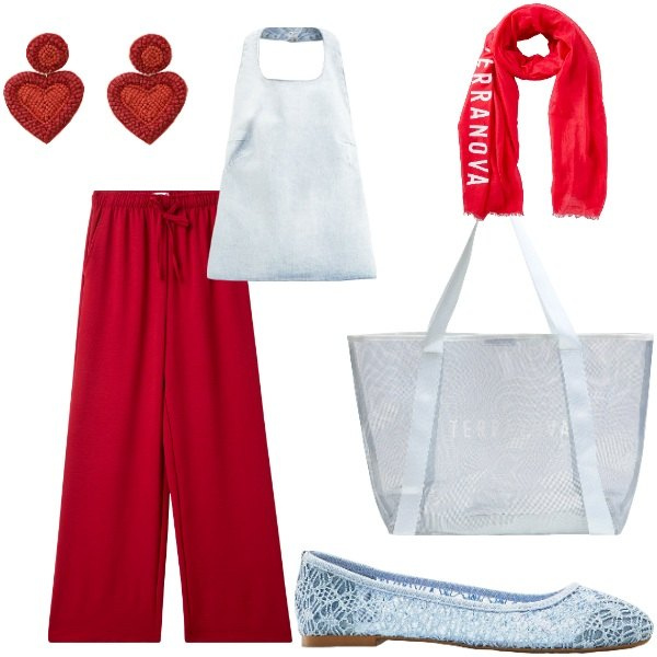 Outfit donna - Le serate di Luglio. Stile Casual chic per Serata fuori. Abbinamento con ballerine, pantaloni, foulard, shopping bag, canottiere, orecchini.