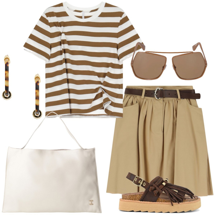Outfit donna - Dinamica. Stile Casual per Tutti i giorni. Abbinamento con borse a spalla, t-shirt, minigonne, orecchini, sandali, occhiali da sole.