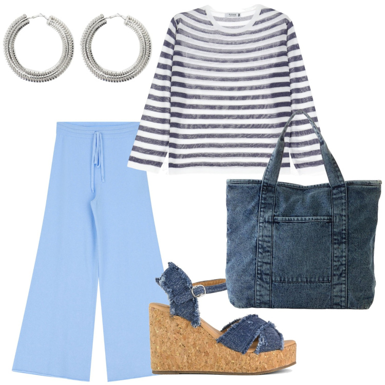 Outfit donna - Le zeppe. per Tutti i giorni. Abbinamento con shopping bag, maglieria, pantaloni, orecchini, zeppe.