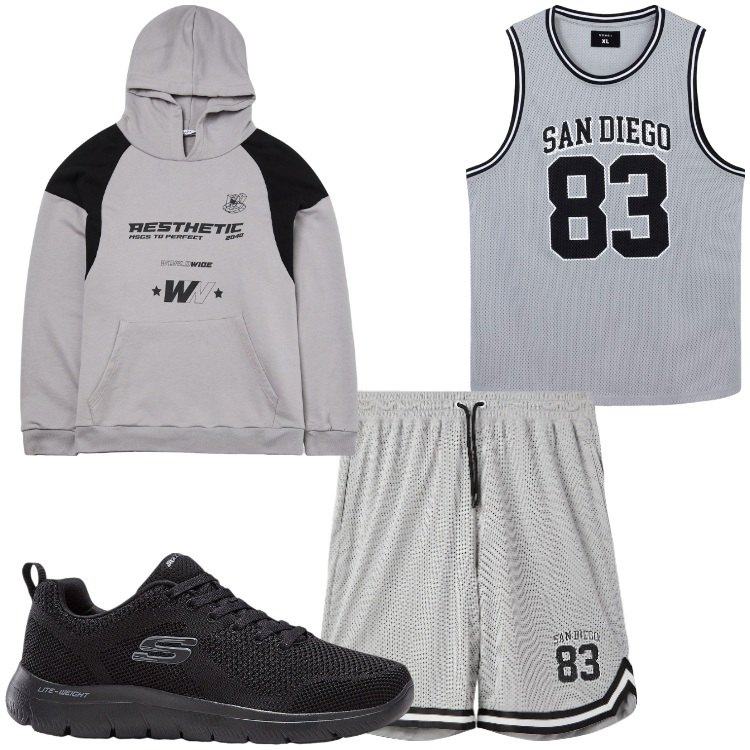 Outfit uomo - Partitella. Stile Casual per Sport. Abbinamento con sneakers, t-shirt sportive, felpe sportive, pantaloncini sportivi.