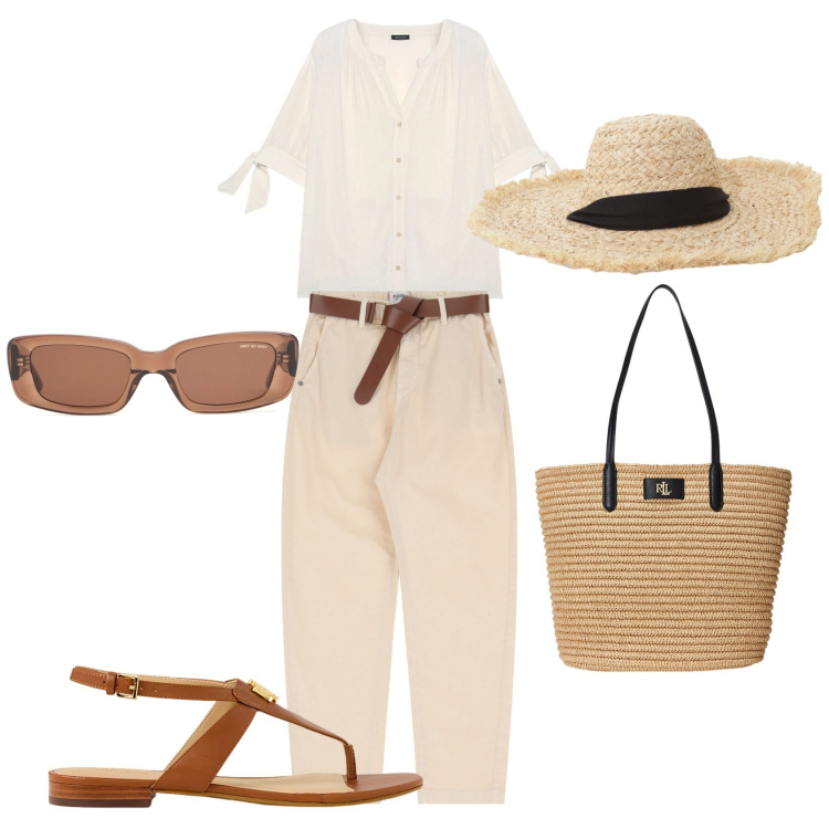 Outfit donna - Naturalmente estate. Stile Casual per Tutti i giorni. Abbinamento con pantaloni chino, cappelli, borse tote, sandali, camicie, occhiali da sole.