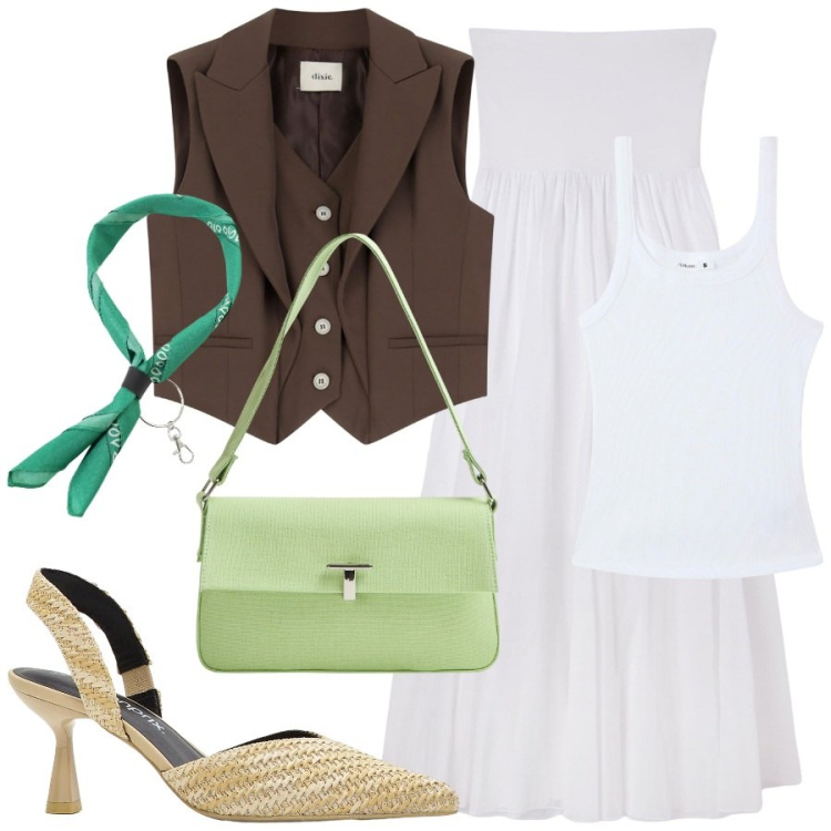 Outfit donna - Freschezza ed eleganza. Stile Urban per Ufficio. Abbinamento con décolleté, canottiere, borse a spalla, gonne lunghe, gilet, foulard.