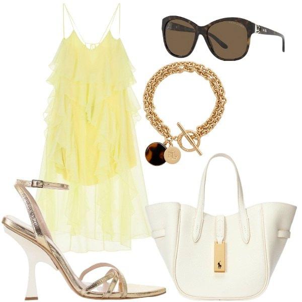 Outfit donna - leggerezza. Stile Romantica per Serata fuori. Abbinamento con vestiti lunghi, sandali col tacco, braccialetti con ciondoli, borse tote, occhiali da sole.