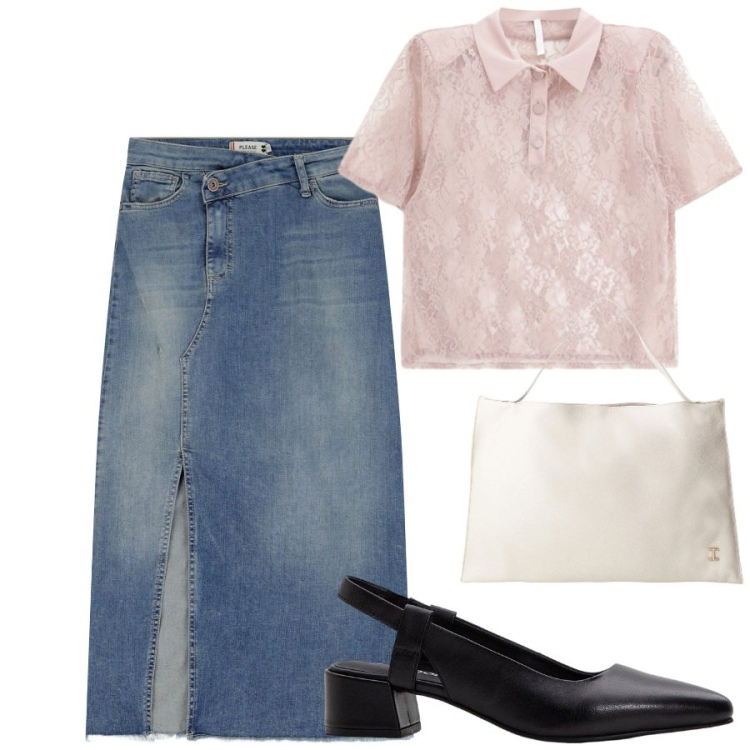 Outfit donna - La polo in pizzo. Stile Casual chic per Ufficio. Abbinamento con décolleté, gonne longuette, polo, borse a spalla.
