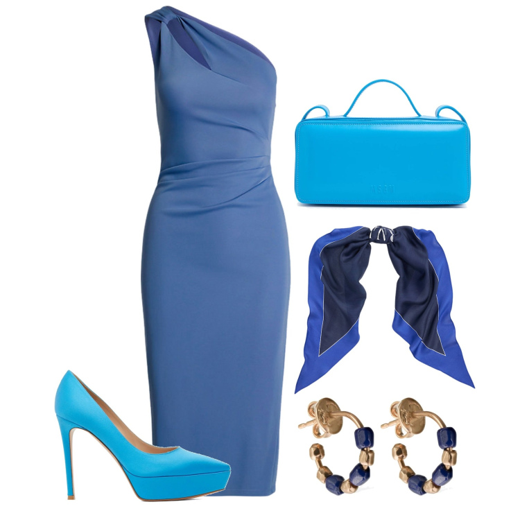 Outfit donna - Classico tubino. Stile Chic per Serata fuori. Abbinamento con foulard, vestiti asimmetrici, borse a spalla, orecchini, décolleté.