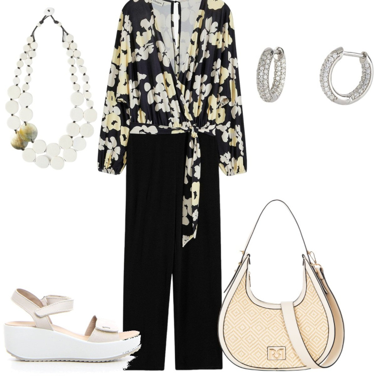 Outfit donna - Jumpsuit fluida da giorno - curvy. Stile Casual chic per Tutti i giorni. Abbinamento con tute, borse a mano, orecchini, ciondoli, sandali.