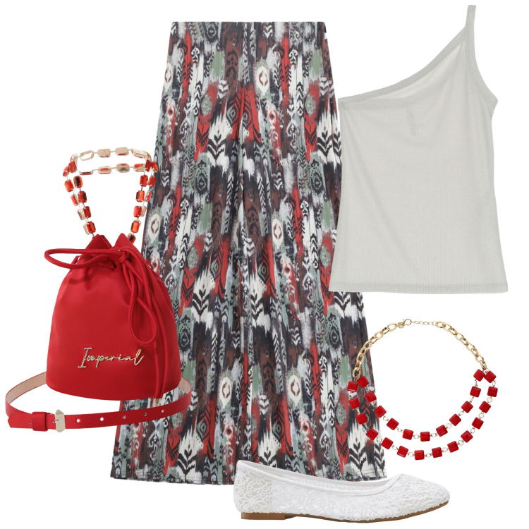 Outfit donna - Giro in centro. Stile Trendy per Tutti i giorni. Abbinamento con ballerine, pantaloni, top, borse a secchiello, collane.