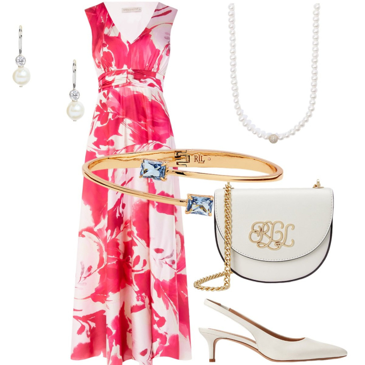 Outfit donna - Rinascimento - saldi estivi. Stile Chic per Cerimonia. Abbinamento con collane, vestiti lunghi, orecchini, borse a tracolla, décolleté, braccialetti.