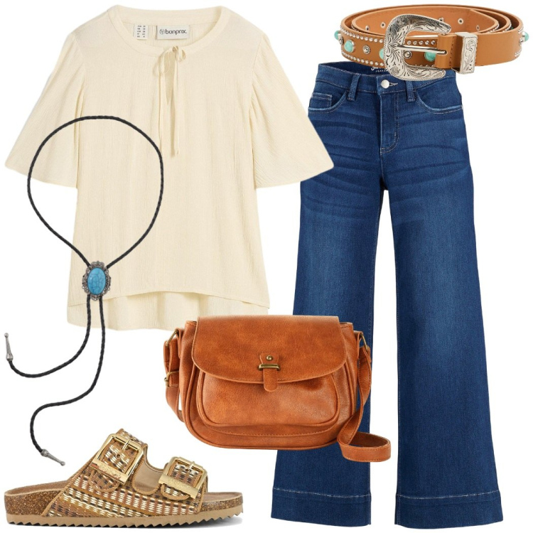 Outfit donna - Country style. Stile Boho per Tutti i giorni. Abbinamento con borse a tracolla, tuniche, jeans a zampa, cinture, collane, sandali.