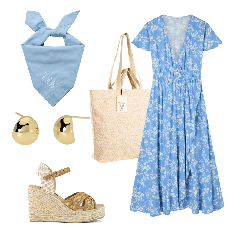 Outfit donna - Festa paesana. Stile Casual per Tutti i giorni. Abbinamento con vestiti lunghi, foulard, orecchini, borse tote, zeppe.
