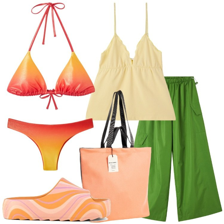 Outfit donna - Colori vivaci e tropicali. Stile Trendy per Mare. Abbinamento con pantaloni cargo, bikini, canottiere, bikini, borse tote, ciabatte.