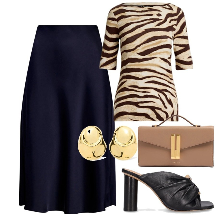 Outfit donna - Ufficio luglio. Stile Chic per Ufficio. Abbinamento con t-shirt, gonne, pantofole, orecchini, pochette.