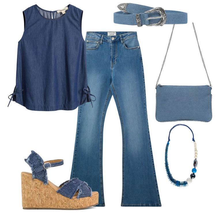 Outfit donna - Solo blu. Stile Casual per Tutti i giorni. Abbinamento con top, borse a tracolla, cinture, jeans a zampa, zeppe, collane.