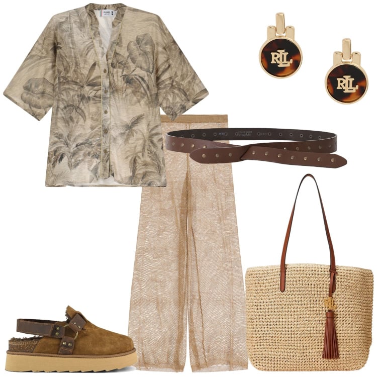 Outfit donna - Savana city. Stile Casual per Tutti i giorni. Abbinamento con pantaloni, camicie a manica corta, cinture, orecchini, borse tote, sabot.