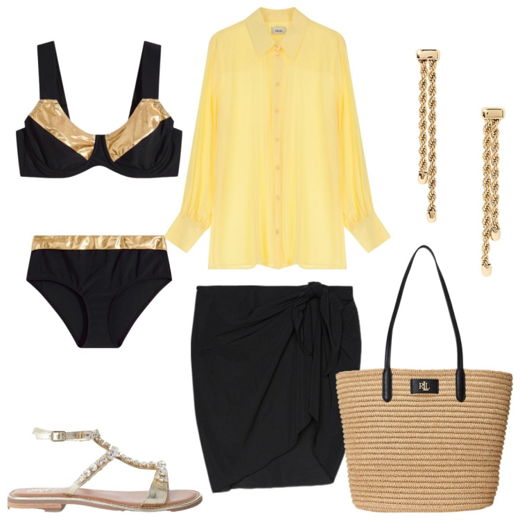 Outfit donna - In costume con carattere. Stile Chic per Mare. Abbinamento con bikini, sandali, camicie, orecchini, borse tote, vestiti da spiaggia.