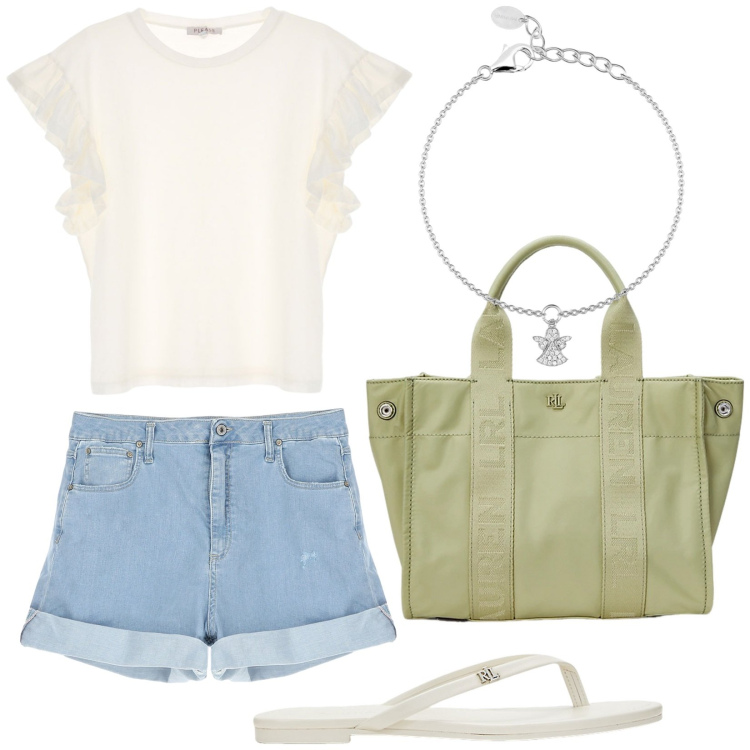 Outfit donna - Total look #2201463. Stile Basic per Tutti i giorni. Abbinamento con braccialetti con ciondoli, t-shirt, shorts, ciabatte, borse tote.