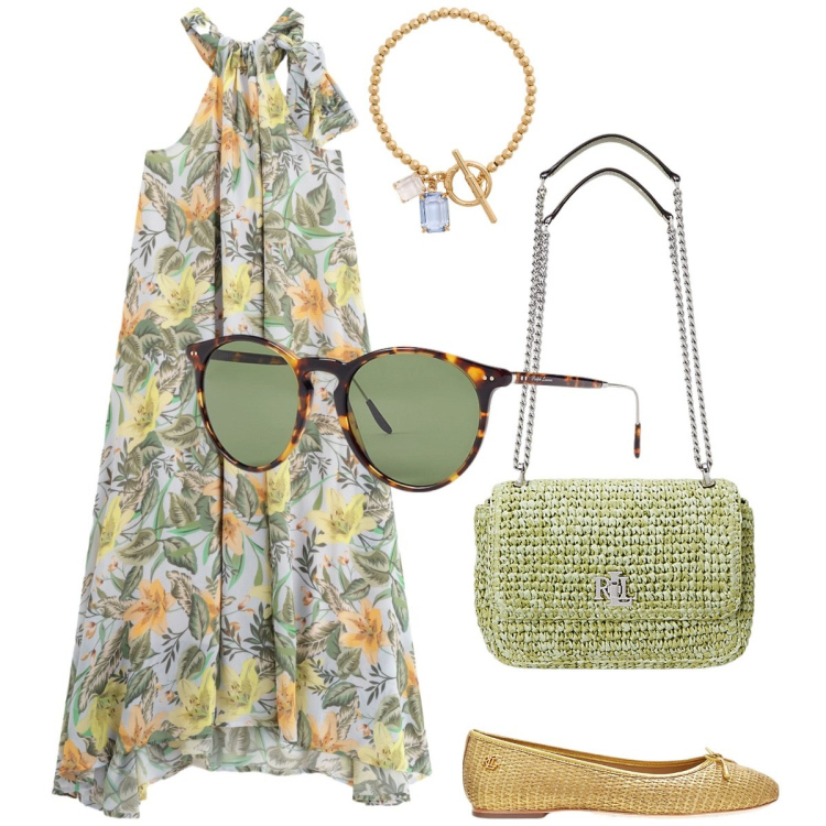 Outfit donna - Dixie - Summer sale. Stile Boho per Mare. Abbinamento con vestiti lunghi, occhiali da sole, braccialetti, ballerine, borse a spalla.