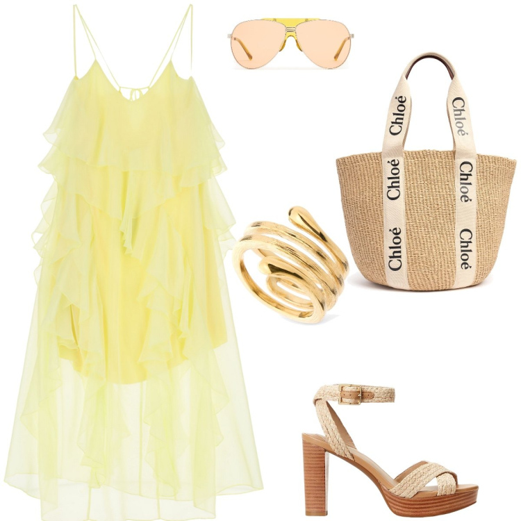 Outfit donna - Il sole addosso. Stile Casual chic per Tutti i giorni. Abbinamento con vestiti lunghi, sandali, anelli, shopping bag, occhiali da sole.