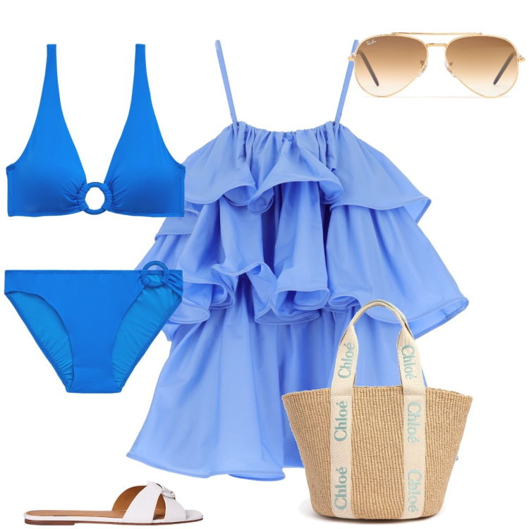 Outfit donna - Andiamo al mare. Stile Casual per Mare. Abbinamento con vestiti corti, bikini, sandali in pelle, bikini, occhiali da sole, shopping bag.