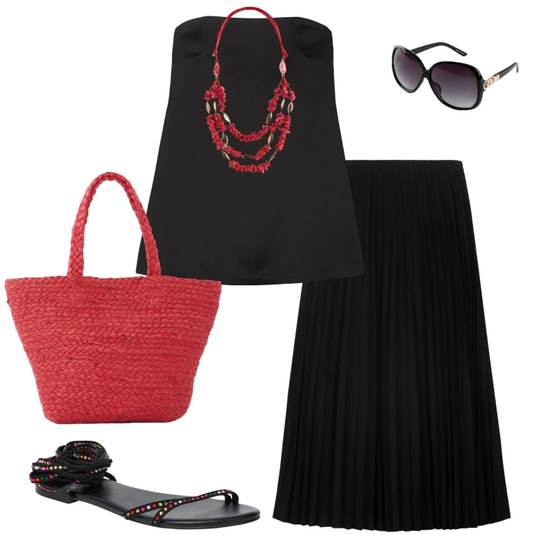 Outfit donna - Accessori rossi. Stile Casual chic per Serata fuori. Abbinamento con occhiali da sole, shopping bag, sandali alla schiava, gonne longuette, top, collane.