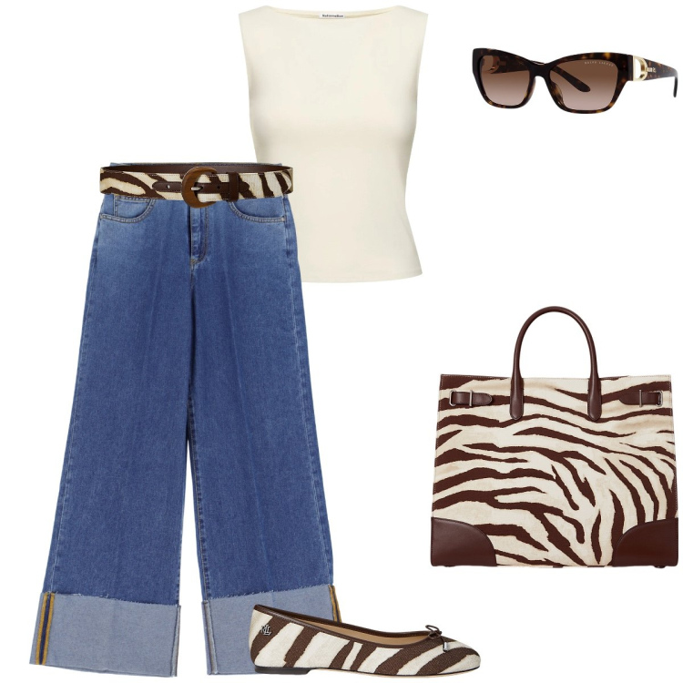 Outfit donna - Animalier in città. Stile Casual chic per Tutti i giorni. Abbinamento con jeans, borse tote, ballerine, cinture, occhiali da sole, top.