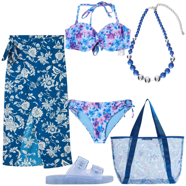 Outfit donna - Costumi colorati. Stile Casual chic per Mare. Abbinamento con vestiti da spiaggia, bikini, bikini, shopping bag, sandali, collane.