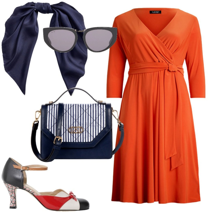 Outfit donna - Elegante da giorno. Stile Chic per Tutti i giorni. Abbinamento con borse a mano, décolleté, vestiti, foulard, occhiali da sole.