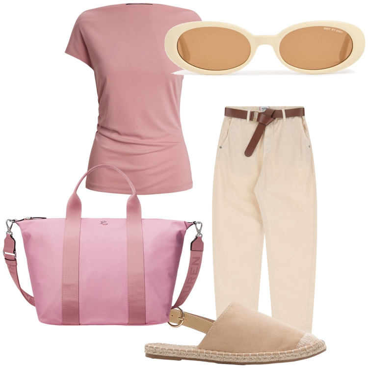Outfit donna - Rosa e beige. Stile Urban per Ufficio. Abbinamento con espadrillas, pantaloni chino, maglieria, borse tote, occhiali da sole.