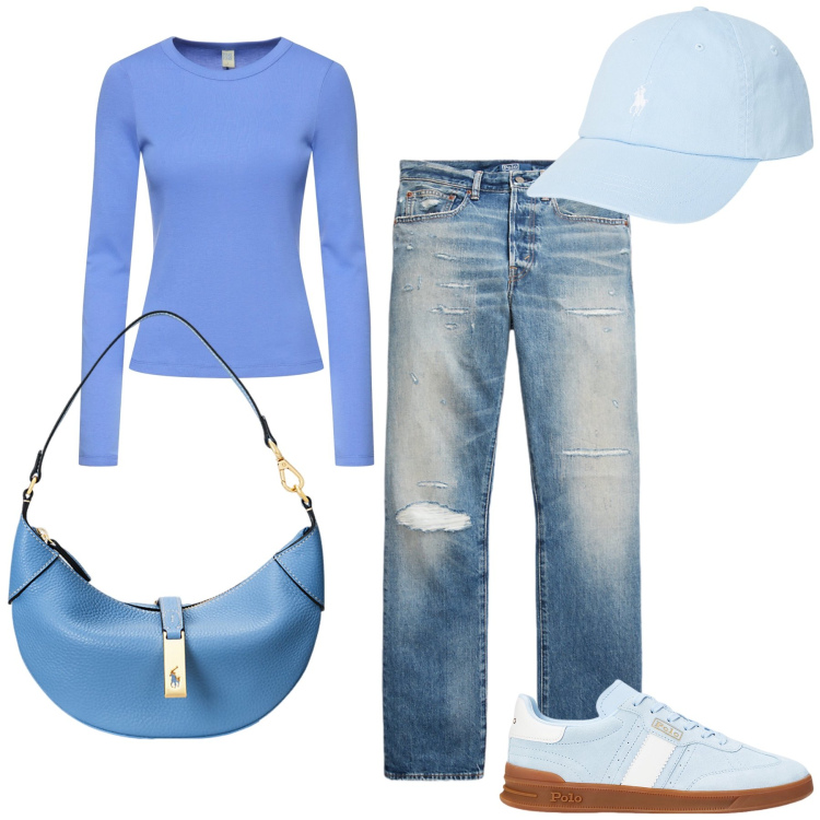 Outfit donna - Sotto l azzurro del cielo di luglio. Stile Sporty chic per Tutti i giorni. Abbinamento con sneakers, cappelli, jeans dritti, borse a spalla, t-shirt.