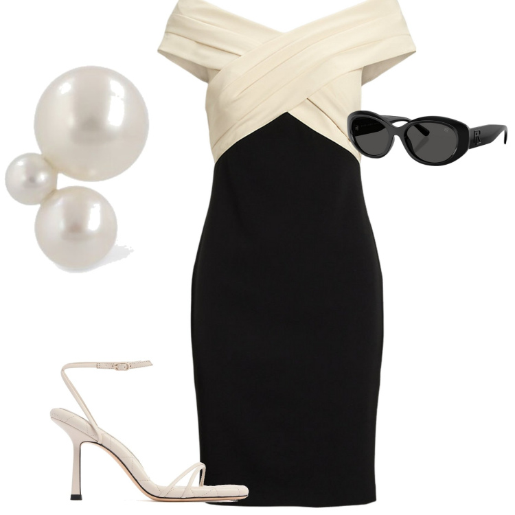 Outfit donna - Serata fuori. Stile Chic per Serata fuori. Abbinamento con occhiali da sole, vestiti a tubino, orecchini, sandali in pelle.