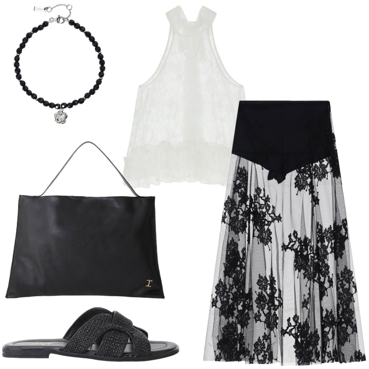 Outfit donna - Serata con amici. Stile Casual chic per Serata fuori. Abbinamento con braccialetti, borse a spalla, canottiere, gonne lunghe, sandali.