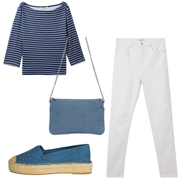 Outfit donna - Marina style. Stile Urban per Tutti i giorni. Abbinamento con t-shirt, pantaloni skinny, espadrillas, borse a tracolla.