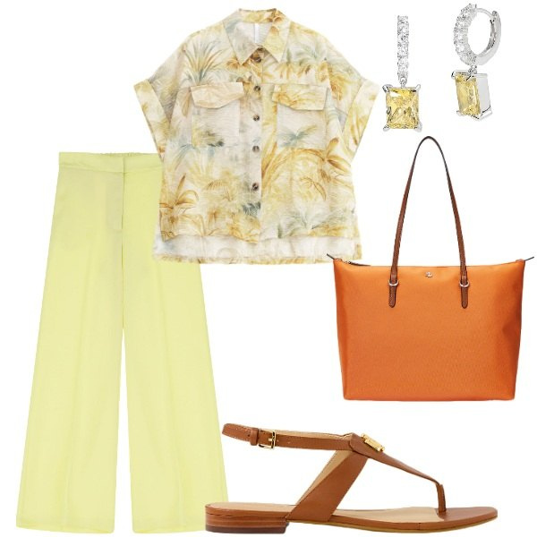 Outfit donna - Le serate di Luglio. Stile Casual chic per Serata fuori. Abbinamento con orecchini, pantaloni, camicie a manica corta, borse tote, sandali.
