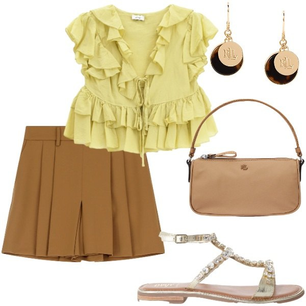Outfit donna - Serata tra amici. Stile Casual chic per Serata fuori. Abbinamento con gonne, camicie a manica corta, sandali, orecchini, pochette.