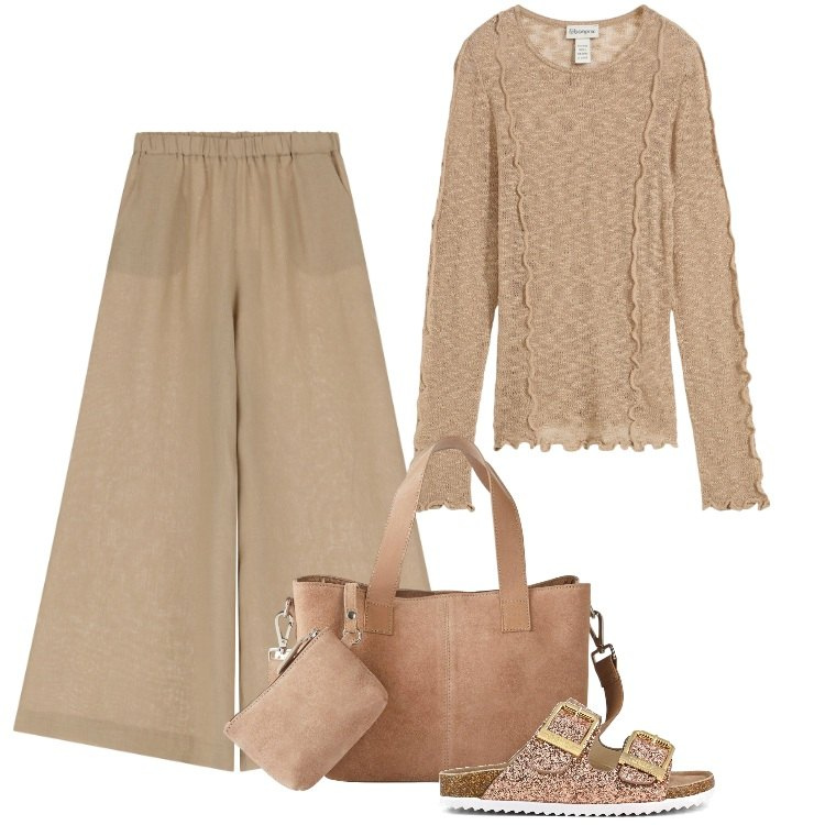 Outfit donna - Total look #2201496. Stile Boho per Mare. Abbinamento con borse a mano, maglieria, pantaloni, sandali.