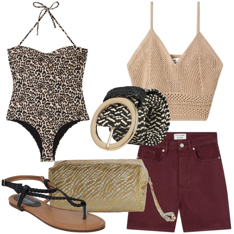 Outfit donna - Terranova - Summer Sale 2025. Stile Etnico per Mare. Abbinamento con top, costumi interi, ciabatte, bermuda, cinture, pochette.