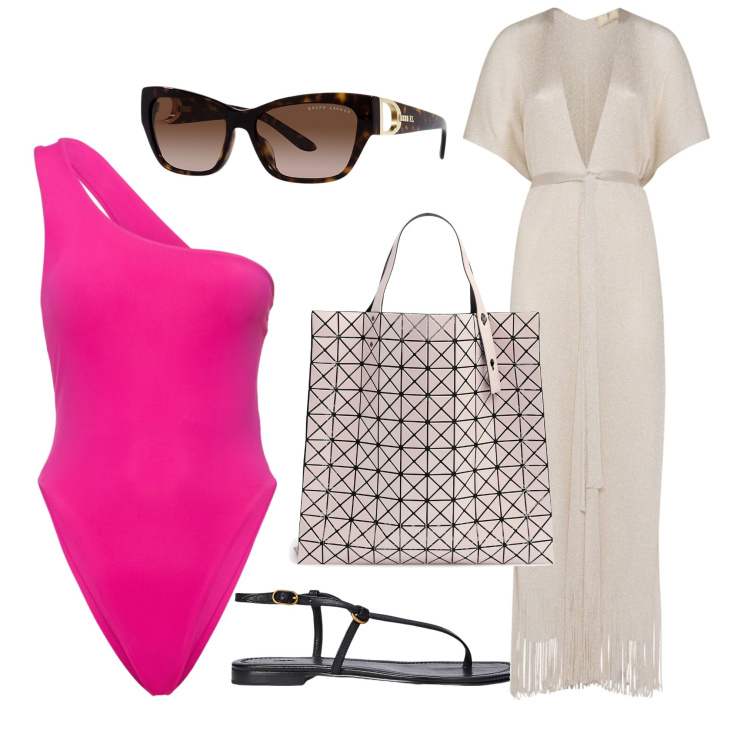 Outfit donna - Fucsia. Stile Casual chic per Mare. Abbinamento con sandali in pelle, occhiali da sole, shopping bag, costumi interi, vestiti da spiaggia.