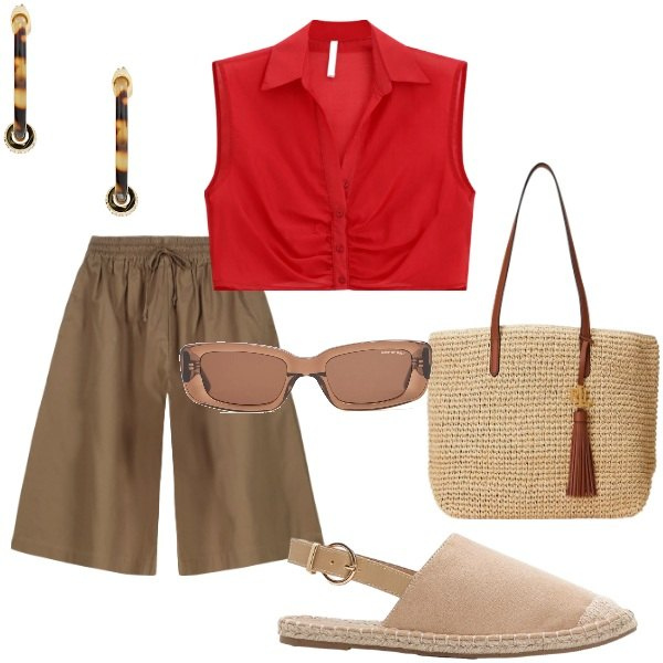 Outfit donna - Outifit di luglio. Stile Casual per Tutti i giorni. Abbinamento con espadrillas, top, borse tote, orecchini, bermuda, occhiali da sole.