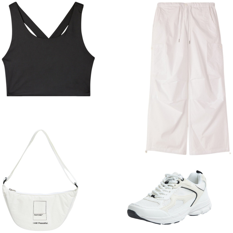 Outfit donna - Sport style. Stile Sporty chic per Sport. Abbinamento con marsupi, pantaloni cargo, top sportivi, sneakers.