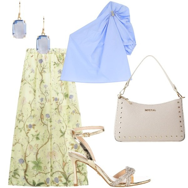 Outfit donna - Matrimonio in vista. Stile Glamour per Cerimonia. Abbinamento con pantaloni, top, borse a spalla, sandali col tacco, orecchini.
