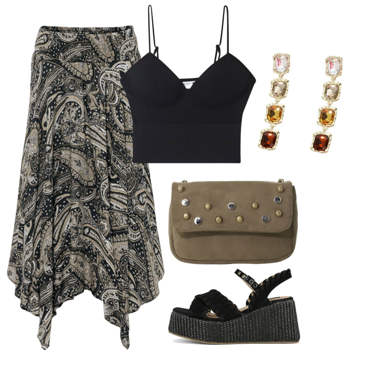 Outfit donna - Best summer. Stile Trendy per Tutti i giorni. Abbinamento con gonne longuette, top, orecchini, borse a tracolla, zeppe.